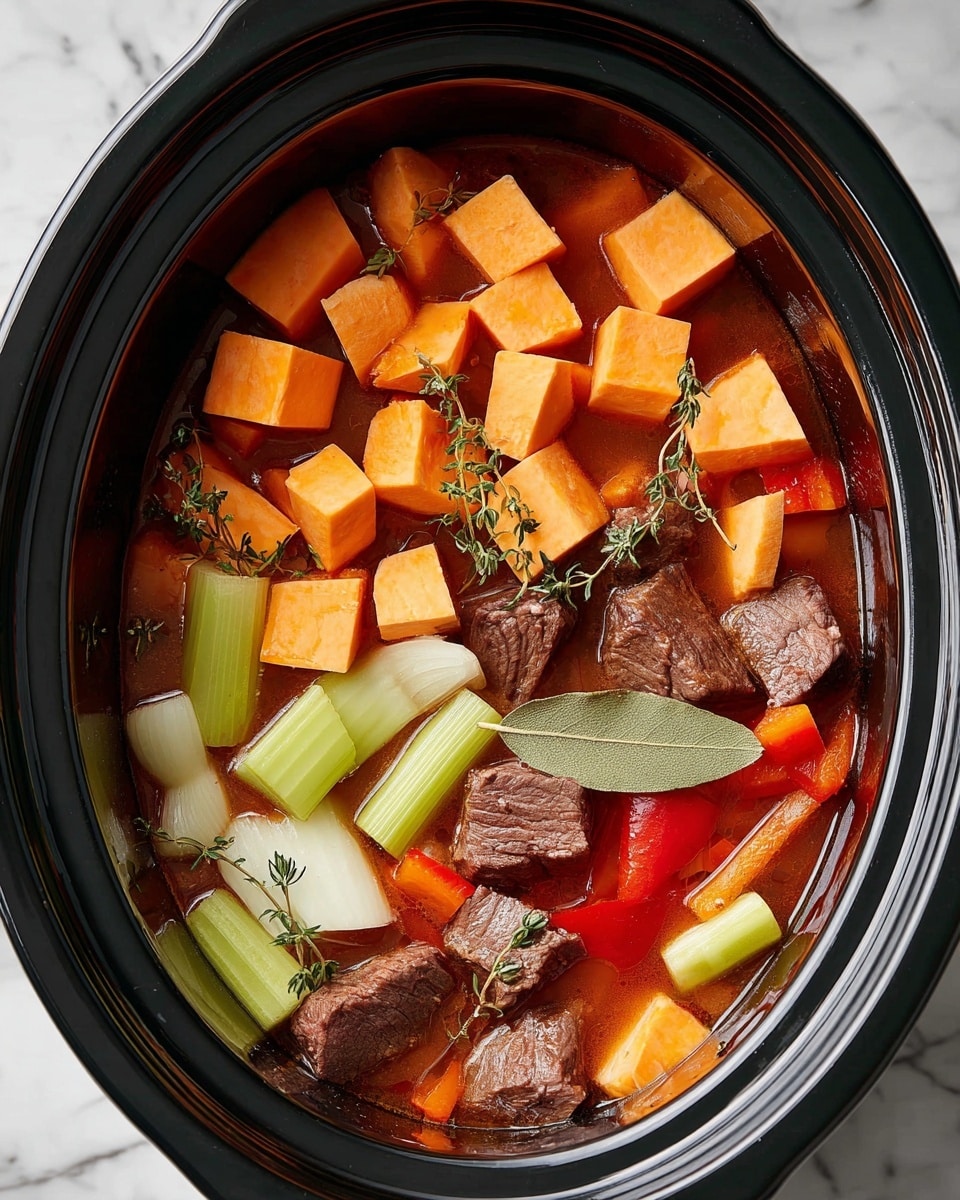 A close-up top view of a slow cooker filled with raw ingredients for beef stew, showing several layers: the bottom layer contains chunks of dark brown beef surrounded by a thick reddish-brown broth; the middle layer has large pieces of celery, pale yellow onions, and red bell pepper slices scattered evenly; the top layer is made of bright orange sweet potato cubes arranged neatly around the edges, with dried bay leaves and small sprigs of thyme placed on top. The slow cooker is black and sits on a white marbled surface. photo taken with an iphone --ar 4:5 --v 7