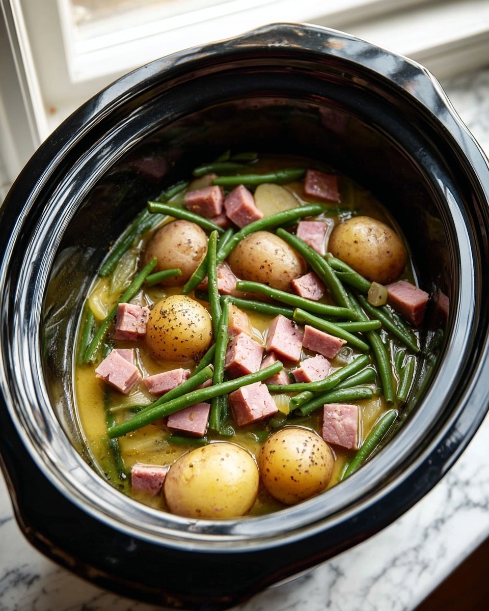 Inside a black slow cooker, there is a mix of whole and halved light brown potatoes, fresh green beans, and small cubes of pink ham, all resting in a light yellow broth. The potatoes have a smooth skin with a few black specks, while the green beans are long and firm, spread evenly throughout the dish. The ham pieces are scattered across the surface, adding a touch of color contrast to the earthy potatoes and vibrant green beans. The slow cooker sits on a white marbled surface near a window, with soft natural light brightening the scene. Photo taken with an iphone --ar 4:5 --v 7