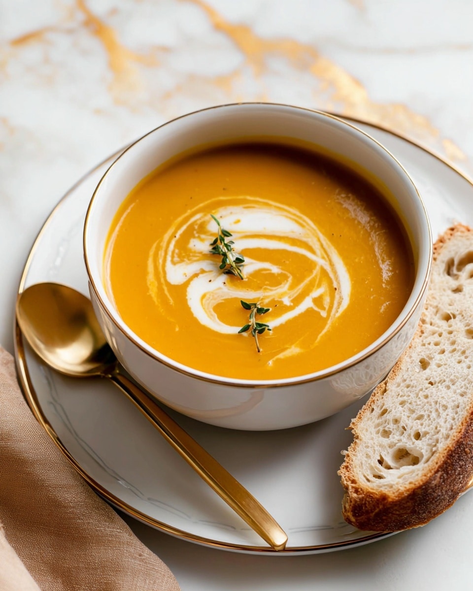 A white bowl with a thin gold rim sits on a matching white plate with a gold rim, filled with smooth, thick orange pumpkin soup. The soup has a swirl of white cream on top in a loose spiral pattern, and two small green thyme sprigs rest on the cream near the center. A gold spoon rests on the side of the bowl with its handle pointing outward. A light beige piece of rustic bread with holes leans on the plate's edge to the right. The setting is on a white marbled surface with subtle gold veins, and a soft tan cloth is partially visible in the bottom left corner. Photo taken with an iphone --ar 4:5 --v 7