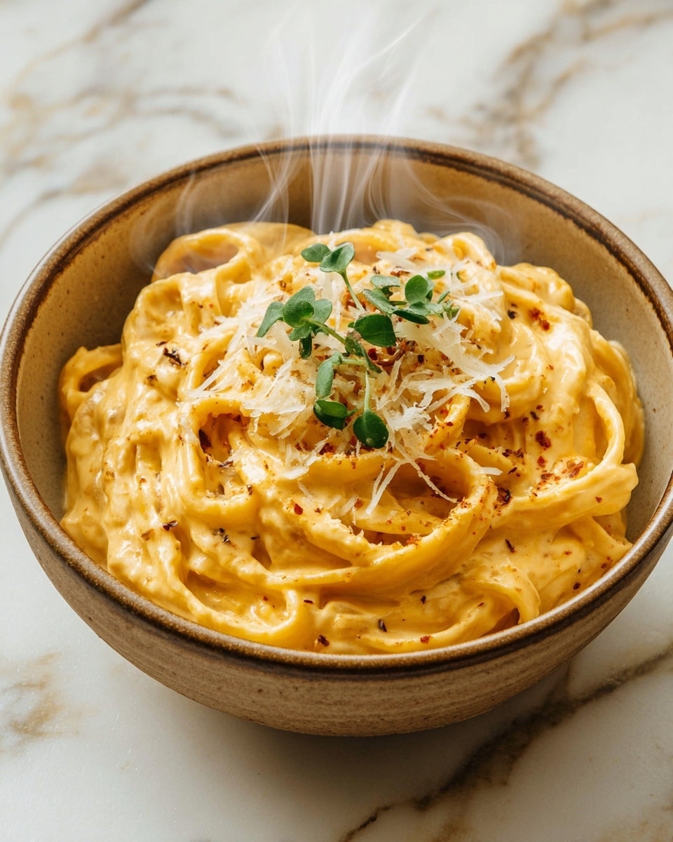 A bowl of creamy orange pasta is shown, with thick noodles coated in a smooth, rich sauce. The pasta is swirled neatly in the bowl, creating a soft texture. On top, there are fine shreds of pale cheese and a few sprigs of fresh green herbs adding contrast. The bowl is rustic with a natural brown color on the outside and a slightly lighter inside, placed on a white marbled surface. Steam rises gently from the hot dish, showing its freshness. Photo taken with an iphone --ar 4:5 --v 7