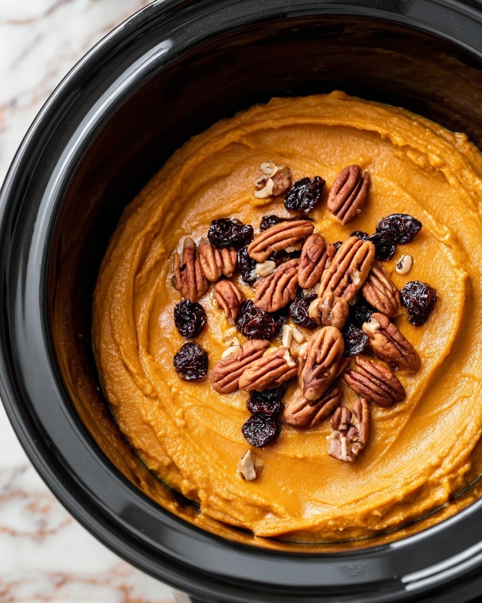 A layered dish inside a black slow cooker shows two thick, smooth layers of deep orange puree topped with a loose arrangement of whole pecans and dark raisins scattered on the top center. The puree has a creamy, slightly textured surface with small swirls and is pressed against the sides of the cooker. The black rim contrasts with the bright orange color of the food inside, and the background features a white marbled texture. photo taken with an iphone --ar 4:5 --v 7