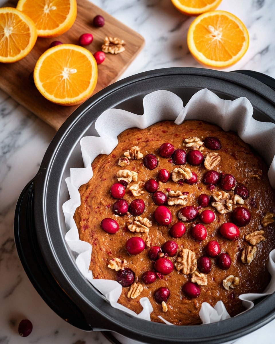 A black round baking pan lined with white parchment paper holds a thick layer of reddish-brown batter, scattered on top with whole bright red cranberries and light brown walnut pieces. In the background, there is a wooden cutting board with three halved oranges showing their vibrant orange inside, all placed on a white marbled surface. Photo taken with an iphone --ar 4:5 --v 7