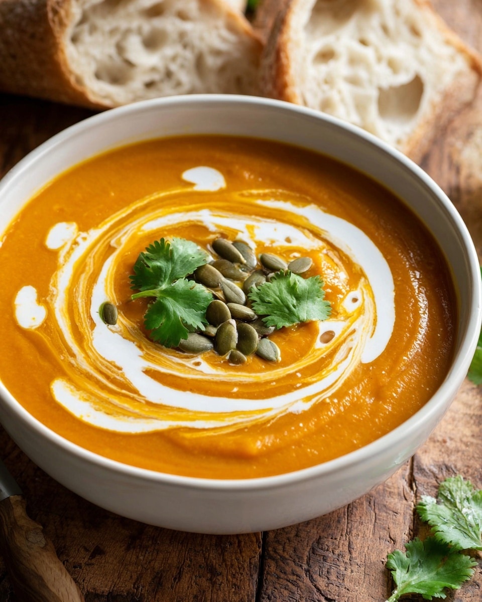 A white bowl filled with smooth, thick orange soup swirled with creamy white sauce on the top surface. In the center of the soup is a small pile of greenish-brown pumpkin seeds, surrounded by a few fresh green coriander leaves placed gently on the cream swirl. The bowl is set on a rustic wooden surface with soft focus slices of crusty bread in the background. The texture of the soup looks velvety with visible swirls, and the bread shows a golden-brown crust with airy holes inside. photo taken with an iphone --ar 4:5 --v 7