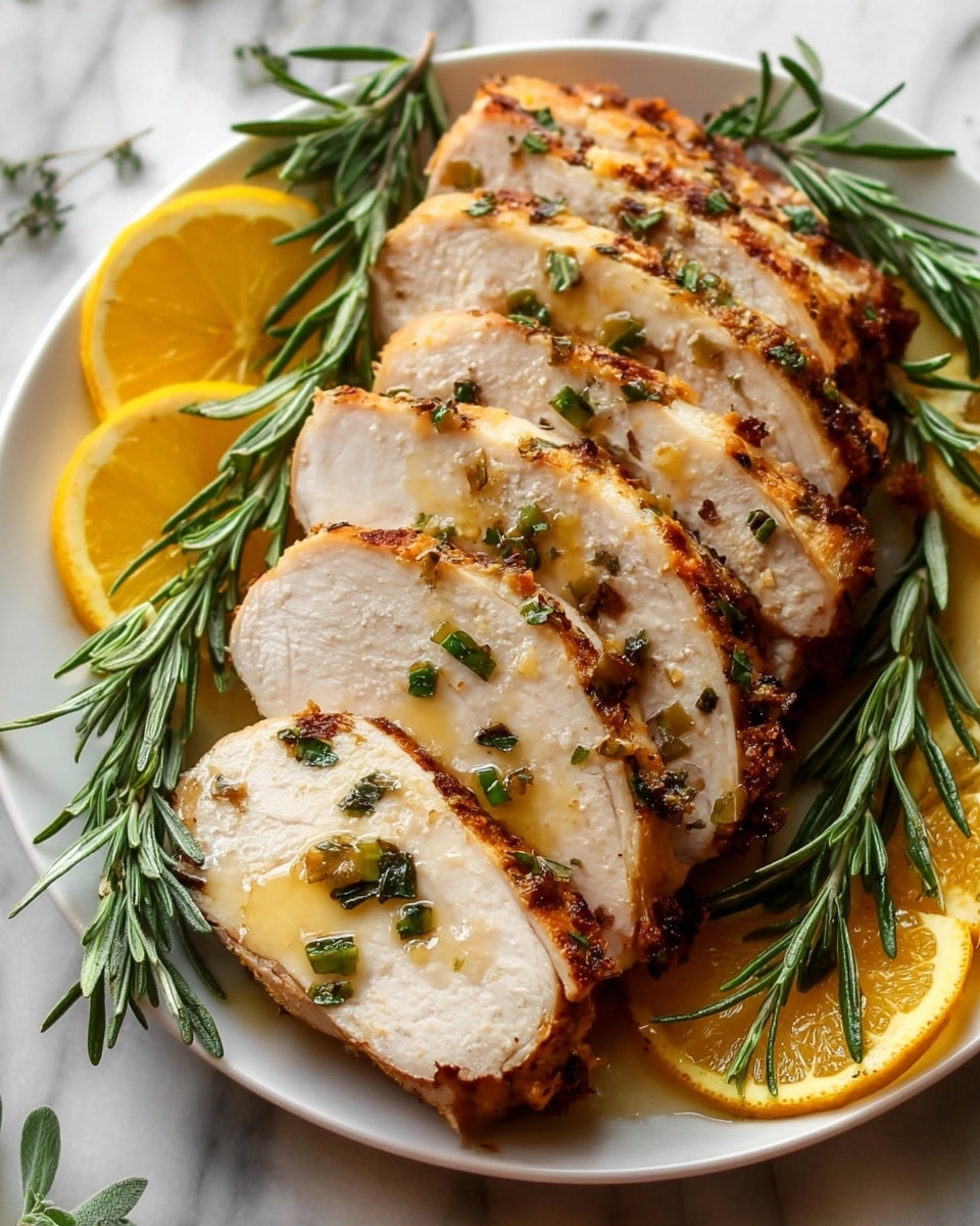 Five thick slices of cooked turkey breast are arranged overlapping on a white plate. The outside edges of the slices have a light brown roasted color, while the inside is soft white. Small pieces of green herbs are scattered on top of each slice. There are golden drops of sauce on the meat, adding shine. Sprigs of fresh green rosemary and halved yellow lemons surround the turkey on the plate. The scene is set on a white marbled surface. Photo taken with an iphone --ar 4:5 --v 7