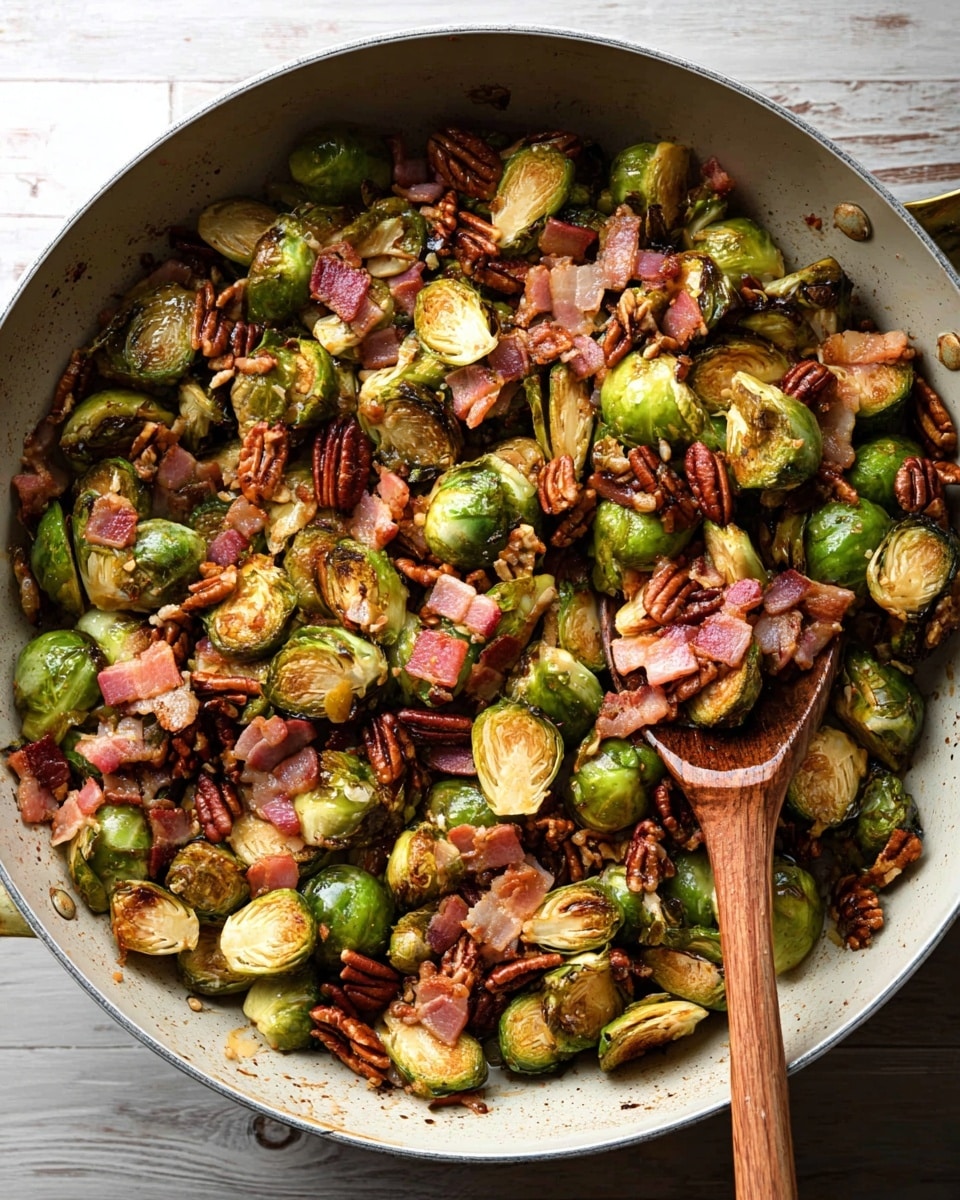 A large white pan filled with roasted Brussels sprouts, crispy bacon pieces, and toasted pecans. The Brussels sprouts are halved, showing their green outer leaves and browned, caramelized edges. The bacon is cut into small rectangular pieces with a mix of pink and golden-brown colors. The pecans are scattered throughout, in a warm reddish-brown shade with a shiny texture. A wooden spoon rests inside the pan, partly lifting some of the ingredients. The pan is placed on a white marbled texture. photo taken with an iphone --ar 4:5 --v 7