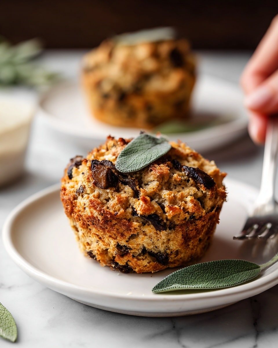 A single muffin-like dish sits on a white plate with a crumbly, golden brown top layer that shows a rough, baked texture. The middle layer is dense and mixed with dark mushroom slices, adding contrast with their deep brown color. A small sage leaf is placed on top as a garnish, with a few more sage leaves resting on the plate beside it. In the background, there is a blurred second plate with a similar muffin and a woman's hand holding a fork. The scene is set against a white marbled texture. photo taken with an iphone --ar 4:5 --v 7