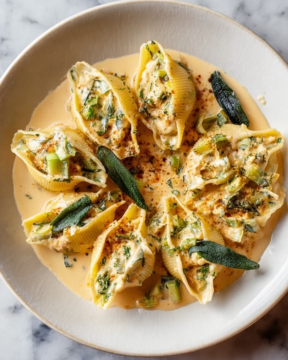 A white plate holds a dish of large pasta shells stuffed with a creamy filling, arranged in a circular pattern. The shells are covered in a smooth white sauce with a slightly glossy texture. Scattered between the shells are whole fried sage leaves that are deep green and slightly crisp. On top, a light sprinkle of finely chopped green herbs and small bits of softened pale yellow vegetables add color contrast. The plate sits on a white marbled surface. Photo taken with an iphone --ar 4:5 --v 7
