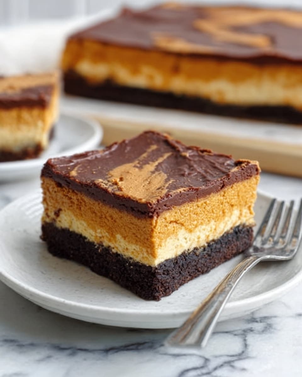 The image shows a square slice of a layered dessert on a white plate, placed on a white marbled surface. The dessert has three distinct layers: the bottom layer is dark and crumbly, resembling a cookie crust; the middle layer is thick and creamy with a light orange color, looking smooth and dense; the top layer is a glossy, rich dark brown chocolate spread, slightly cracked on top. In the background, there is a blurred larger piece of the same dessert. A woman's hand is holding a fork near the plate. Photo taken with an iphone --ar 4:5 --v 7