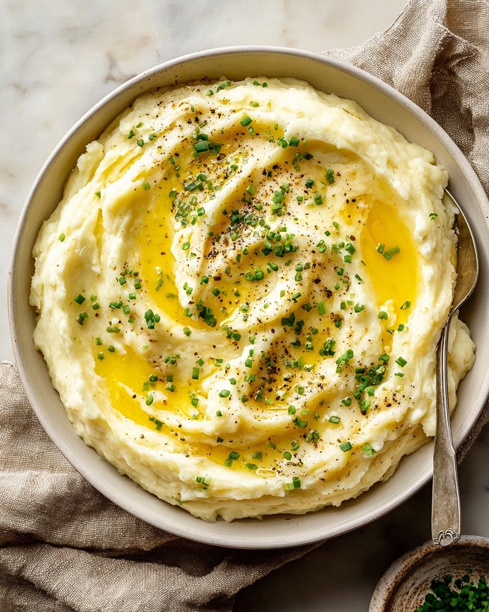 A bowl filled with a thick layer of creamy white mashed potatoes, swirled with smooth, shiny melted butter creating golden yellow pools on top. The surface is sprinkled evenly with small, bright green chopped chives and specks of black pepper. The bowl is white, resting on a white marbled surface with a beige cloth nearby and a metal spreading knife placed beside it. photo taken with an iphone --ar 4:5 --v 7