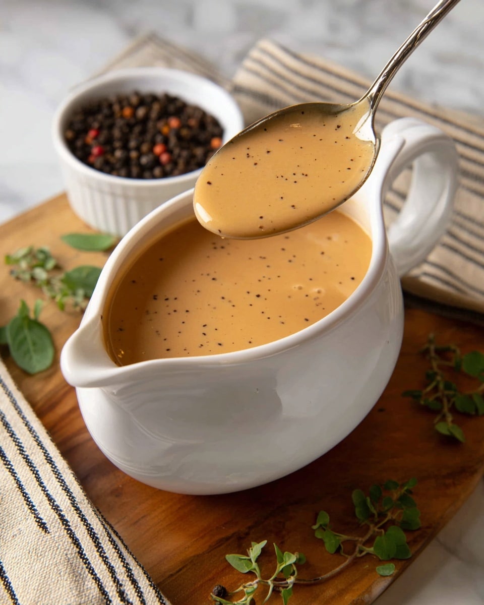 A white sauce boat filled with smooth, light brown gravy with tiny black specks, held close to the camera by a ladle showing the same thick texture and color. The sauce boat sits on a wooden board with small green herb sprigs scattered around. In the background, there is a small white bowl filled with black peppercorns and a beige cloth with black and white stripes, all on a white marbled surface. Photo taken with an iphone --ar 4:5 --v 7