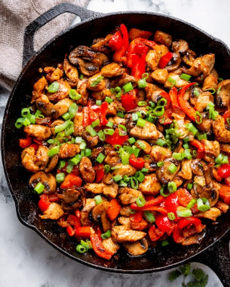 A close-up view of a black cast iron skillet filled with cooked chicken pieces, sliced mushrooms, and red bell pepper chunks, all mixed together and sprinkled with chopped green onions. The chicken has a golden brown color with a slightly crispy texture, the mushrooms are tender and light brown, and the bell pepper pieces are bright red, adding vibrant color. The skillet sits on a white marbled surface. photo taken with an iphone --ar 4:5 --v 7