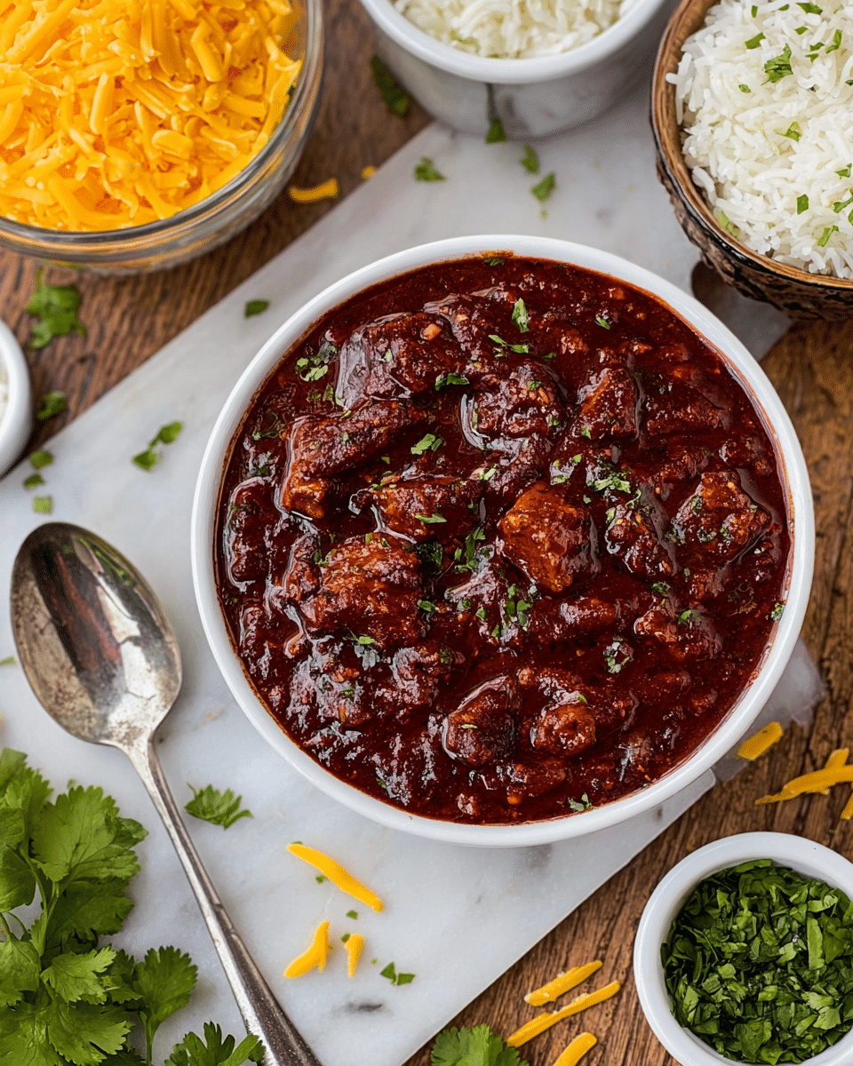 The image shows a bowl filled with thick, dark red chili containing chunks of meat and flecks of green herbs on top. Surrounding the bowl are small white bowls with yellow shredded cheese, chopped white onions, and white rice with small green herbs mixed in. There are also green cilantro leaves scattered on a white marbled surface, and a metal spoon lies near the chili bowl. Some cheese shreds and onion pieces are scattered loosely around the bowls. photo taken with an iphone --ar 4:5 --v 7