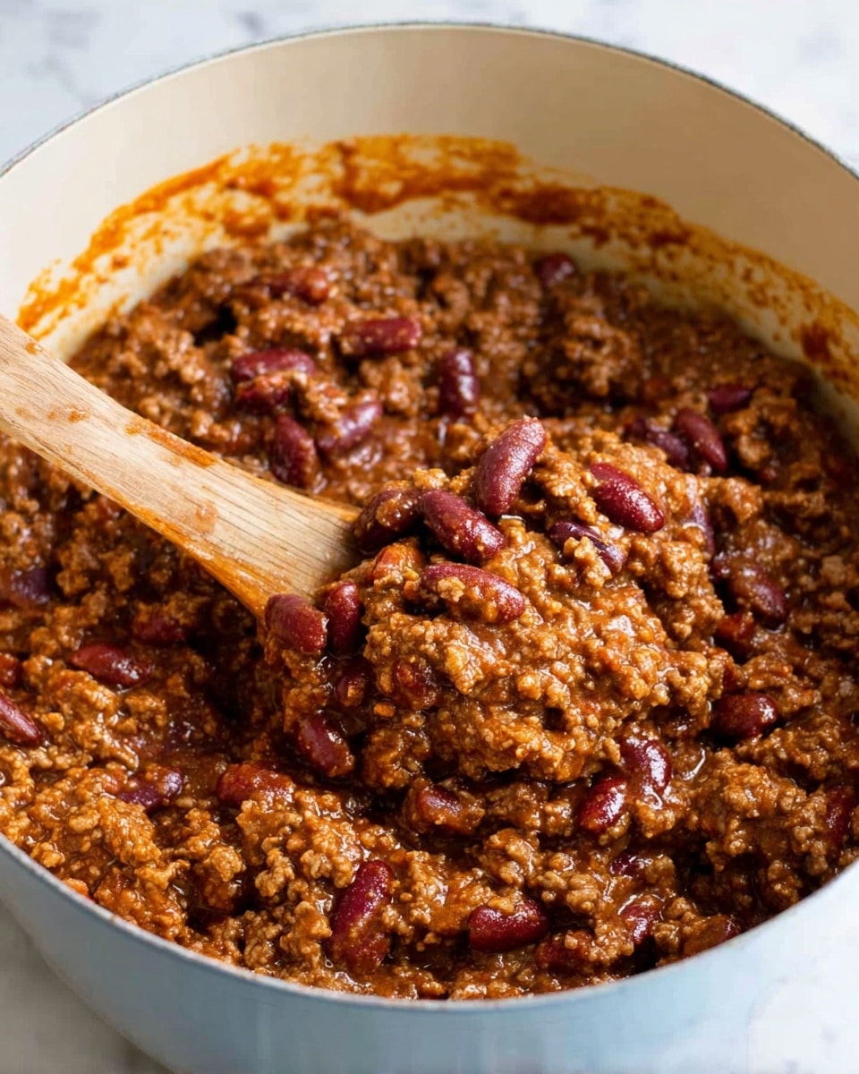 A close-up view of a pot filled with a thick mixture of cooked ground meat, kidney beans, and melted shredded cheese. The dish has a rich brown and reddish color from the sauce, with dark red kidney beans scattered throughout. The melted cheese strands are light yellow and appear soft and gooey, blending into the meat mixture. A wooden spoon is scooping some of the dish, showing its chunky and saucy texture, while the inside of the pot has some sauce stains. The pot itself is blue on the outside, contrasting with the warm colors of the food. The surface behind is a white marbled texture. Photo taken with an iphone --ar 4:5 --v 7