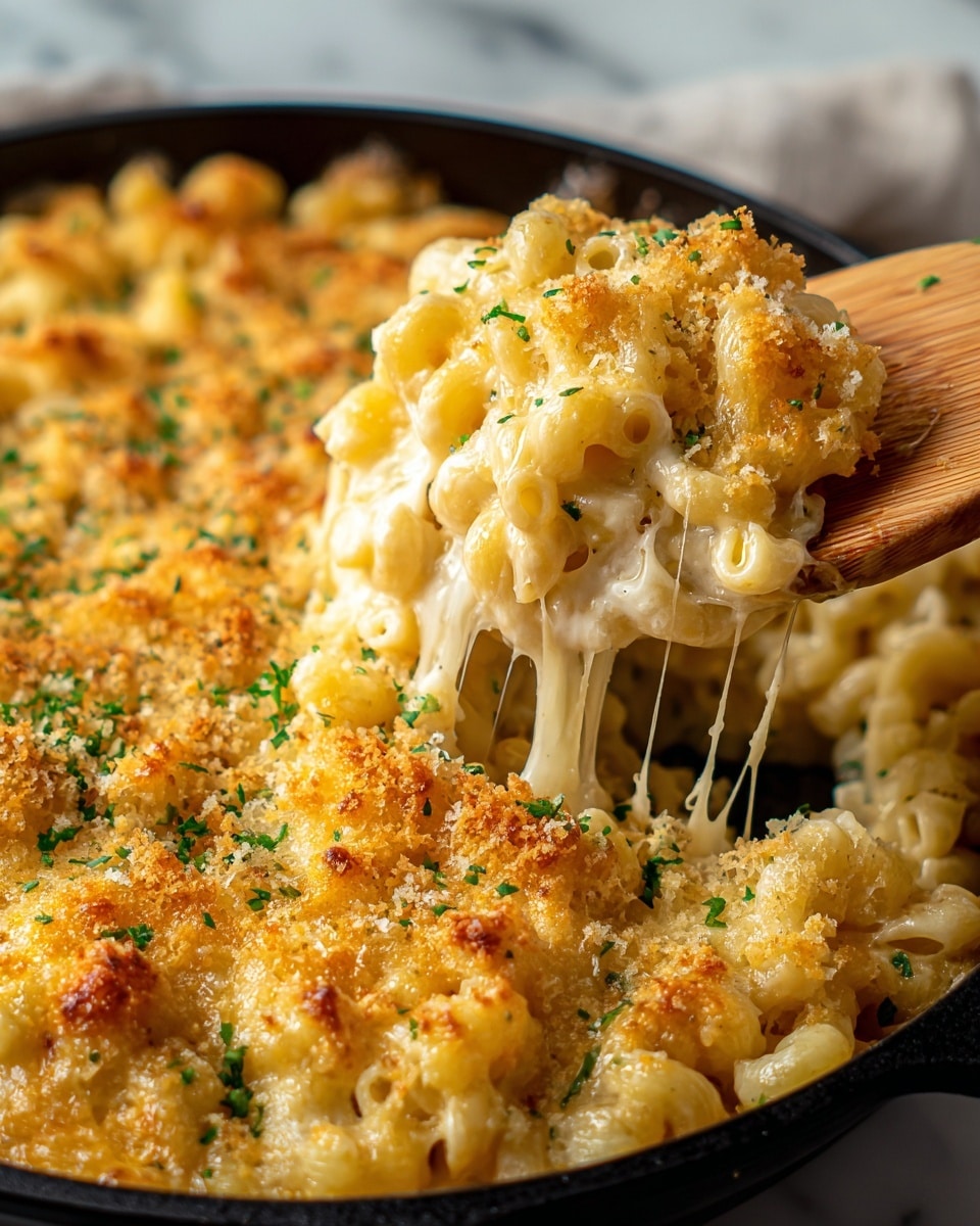 This close-up image shows a baked macaroni and cheese dish in a black pan. The top layer is golden brown and crispy with melted, bubbly cheese sprinkled with finely chopped green herbs and a light layer of breadcrumbs. Underneath, you can see a creamy, rich cheese sauce coating the small pasta shells that stretch out in gooey cheese strands as a wooden spatula lifts a portion. The pasta is cooked perfectly, with a soft, smooth texture and a warm yellow color from the cheese. The scene has a white marbled surface in the background. Photo taken with an iphone --ar 4:5 --v 7