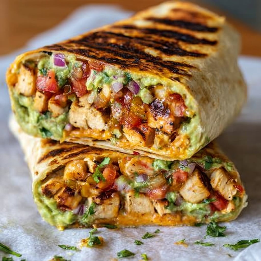 The image shows a close-up of two stacked burritos on a white marbled surface. Each burrito has a lightly toasted, golden-brown tortilla wrap with visible grill marks. The cut side reveals five distinct layers: the outer tortilla, a layer of creamy sauce, a chunky mixture of browned chicken pieces and black beans with a reddish-brown color, diced red tomatoes, and fresh green chopped cilantro, creating a vibrant mix of colors and textures. Small pieces of cilantro are scattered near the burritos. Photo taken with an iphone --ar 4:5 --v 7