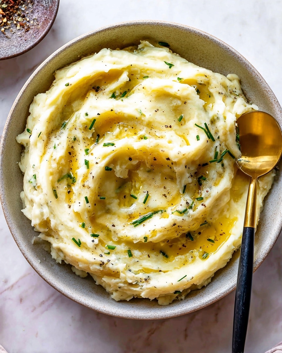 A bowl filled with creamy mashed potatoes that show a smooth yet slightly chunky texture, with swirls creating soft waves across the surface. The mashed potatoes are pale yellow with hints of white, topped with melted butter pooling in the center, and sprinkled with small green chive pieces and cracked black pepper. A spoon with a gold scoop and black handle is placed inside the bowl on the right side. The bowl itself is set on a white plate on a white marbled surface. Photo taken with an iphone --ar 4:5 --v 7