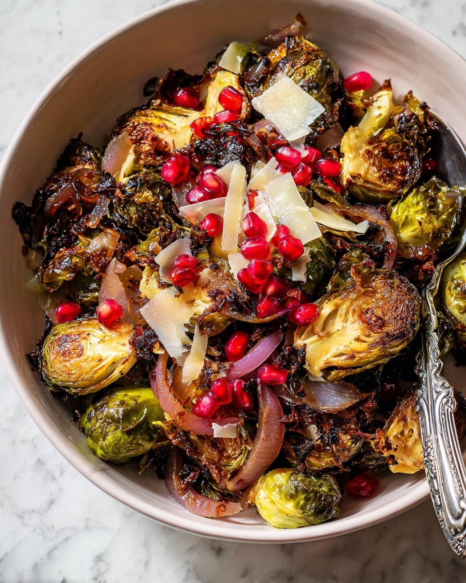 A close-up of a bowl filled with roasted Brussels sprouts and shallots, showing a mix of dark golden-brown charred and bright green colors on the Brussels sprouts, layered with translucent caramelized shallots with purple edges. Scattered on top are bright red pomegranate seeds and thin, jagged white shavings of cheese. A silver spoon rests inside the bowl on the right side. The bowl is white and sits on a white marbled surface. photo taken with an iphone --ar 4:5 --v 7