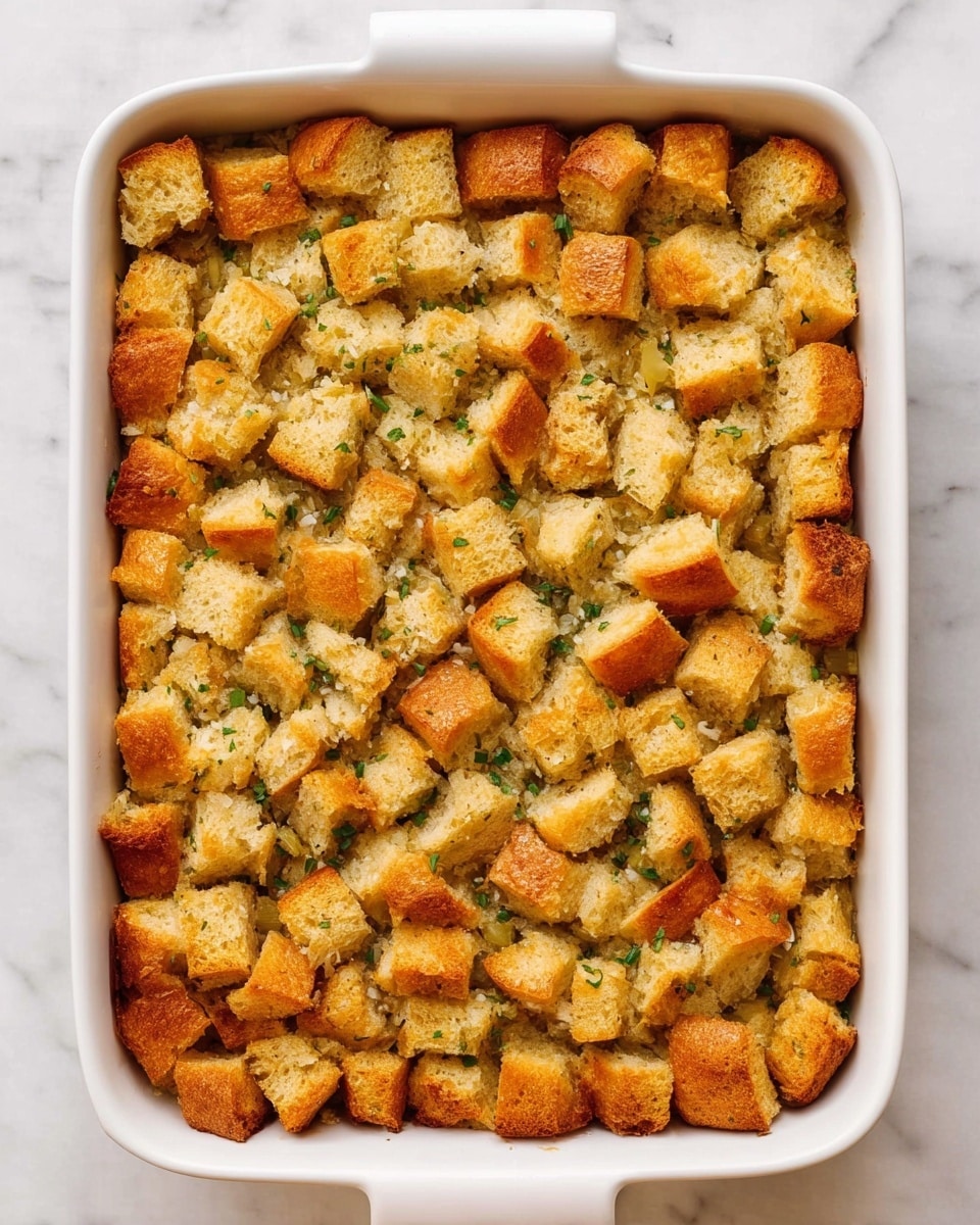 A white rectangular baking dish filled with a baked stuffing made of golden-brown toasted bread cubes arranged in one thick layer on top. Underneath the bread cubes, a moist mixture with bits of green herbs is visible, giving some spots of fresh green color. The bread cubes have a crunchy texture and are unevenly browned, showing light and darker golden shades across the surface. The dish is set on a white marbled texture. photo taken with an iphone --ar 4:5 --v 7