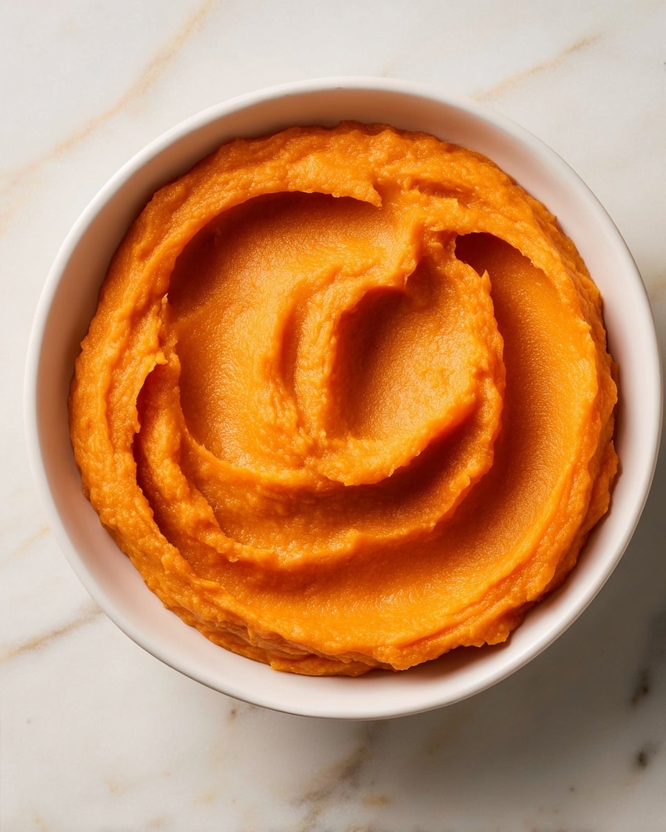 A single bowl filled with smooth orange mashed sweet potatoes, swirled in a circular pattern with soft ridges and a slightly raised center, showing a creamy and thick texture. The bowl is white and placed on a white marbled surface, highlighting the vivid orange color of the mash. photo taken with an iphone --ar 4:5 --v 7