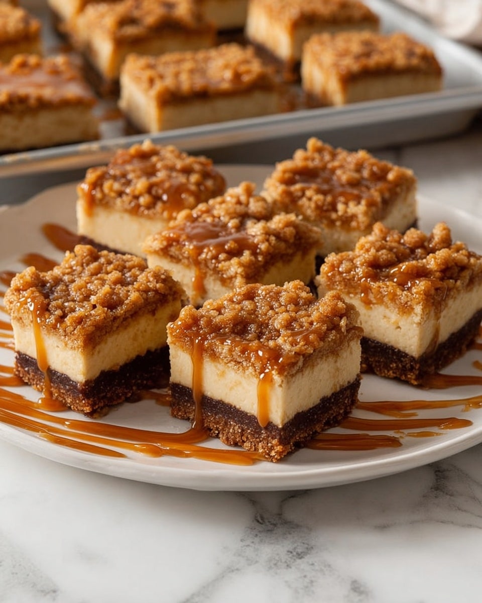 The image shows eight square dessert bars neatly arranged on a white plate, placed on a white marbled surface. Each bar has three distinct layers: a dense, dark brown base, a smooth, creamy light beige middle layer, and a crumbly, golden brown streusel topping. The crumb layer is chunky and uneven, drizzled with a glossy caramel sauce that also pools artistically on the plate beneath the bars. In the background, more dessert bars are visible in a baking tray, slightly out of focus, adding depth to the scene. Photo taken with an iphone --ar 4:5 --v 7