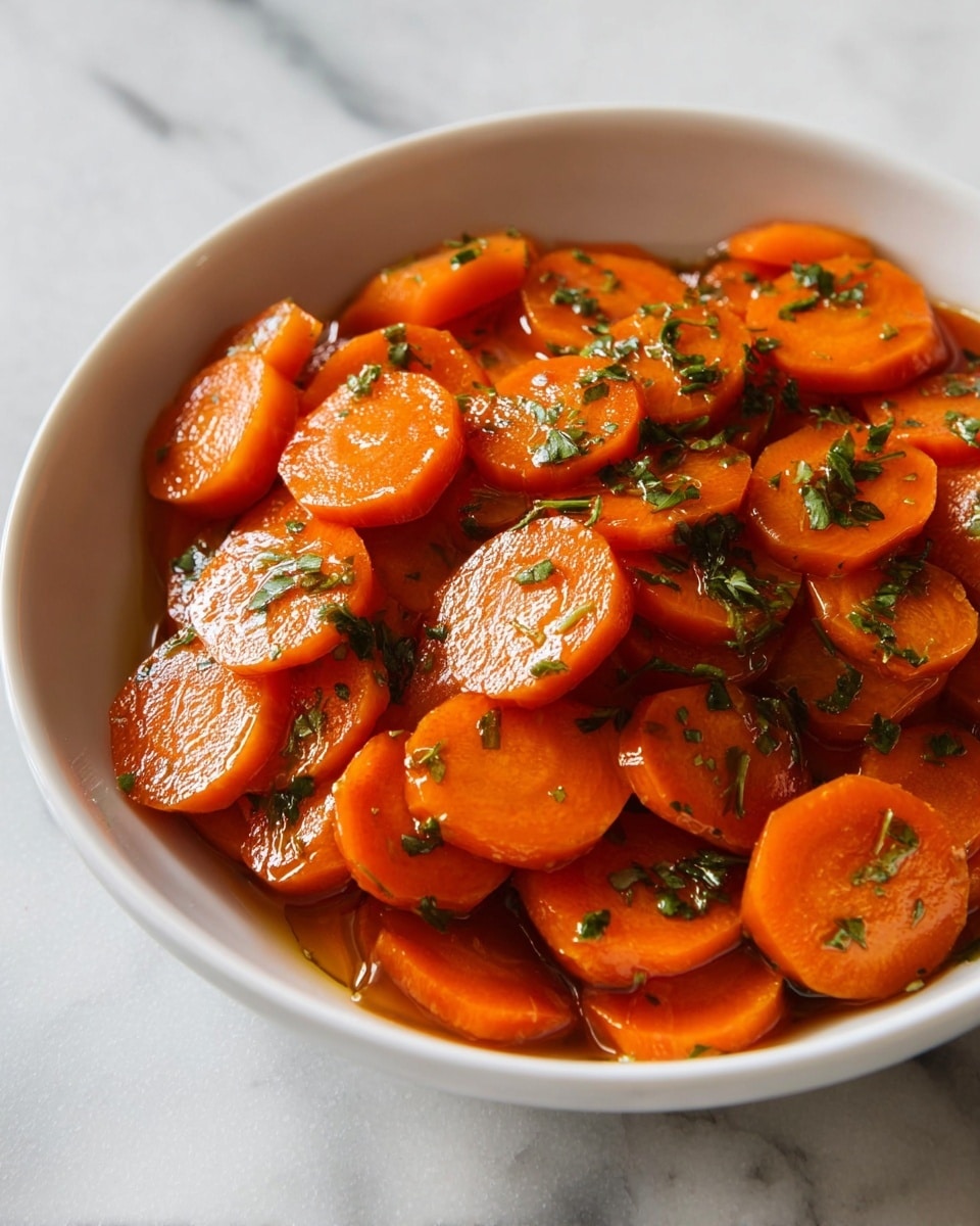 A white bowl filled with two layers of bright orange carrot slices, each slice appearing glossy and slightly translucent from a light glaze. The carrot slices are evenly cut, round, and stacked loosely, with some slices overlapping. Small, scattered pieces of chopped green herbs are sprinkled over the carrots, adding a fresh contrast. Light steam rises gently from the bowl, indicating warmth. The bowl sits on a white marbled surface. photo taken with an iphone --ar 4:5 --v 7
