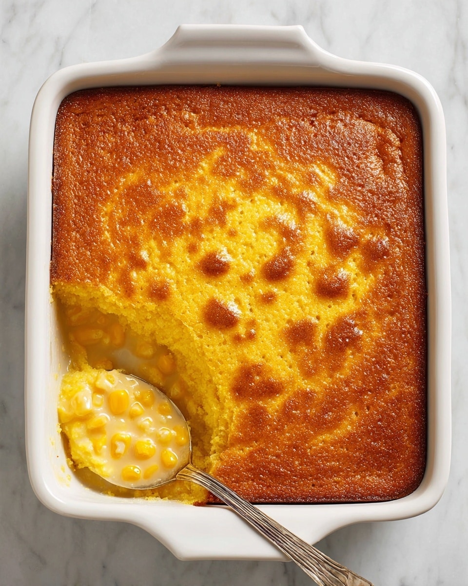 A square white baking dish holds a warm baked corn casserole with a rich, golden-brown crust on top, showing a slightly textured surface with small bubbles. In the bottom left corner, a scoop has been taken out, revealing the creamy, soft yellow corn mixture underneath with whole corn kernels visible, giving a moist and tender look. A silver spoon rests in the empty space, displaying the thick inside filling. The dish is placed on a white marbled texture, adding a clean and bright contrast to the warm tones of the casserole. photo taken with an iphone --ar 4:5 --v 7