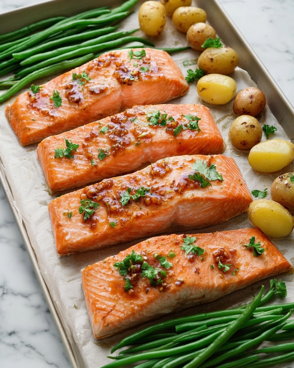 The image shows four thick pieces of cooked salmon with a light orange-pink color and a glaze with small bits on top, each piece garnished with small green parsley leaves. They are placed side by side on a baking tray lined with parchment paper, which sits on a white marbled surface. Around the salmon, there are fresh green beans arranged in two small groups and halved small potatoes with a yellow interior and brown skin scattered behind the salmon pieces. The overall look is fresh and colorful with a nice contrast between the orange salmon, green beans, and yellow potatoes. Photo taken with an iphone --ar 4:5 --v 7