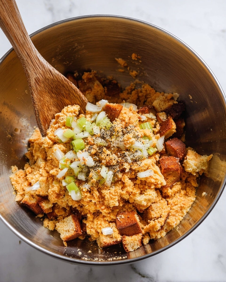 In a large shiny metal mixing bowl on a white marbled surface, there is a mixture with several layers: the bottom and main layer is a rough, crumbly, light orange mixture with a dry texture, scattered with darker brown toasted crouton cubes. On top of this base, there is a layer of small pieces of white and pale green chopped vegetables, likely celery and onion, sprinkled with ground black pepper. A wooden spoon with a smooth texture is lifting part of the mixture, showing the combination of the crumbly base, croutons, and fresh vegetable pieces all blended together. Photo taken with an iphone --ar 4:5 --v 7