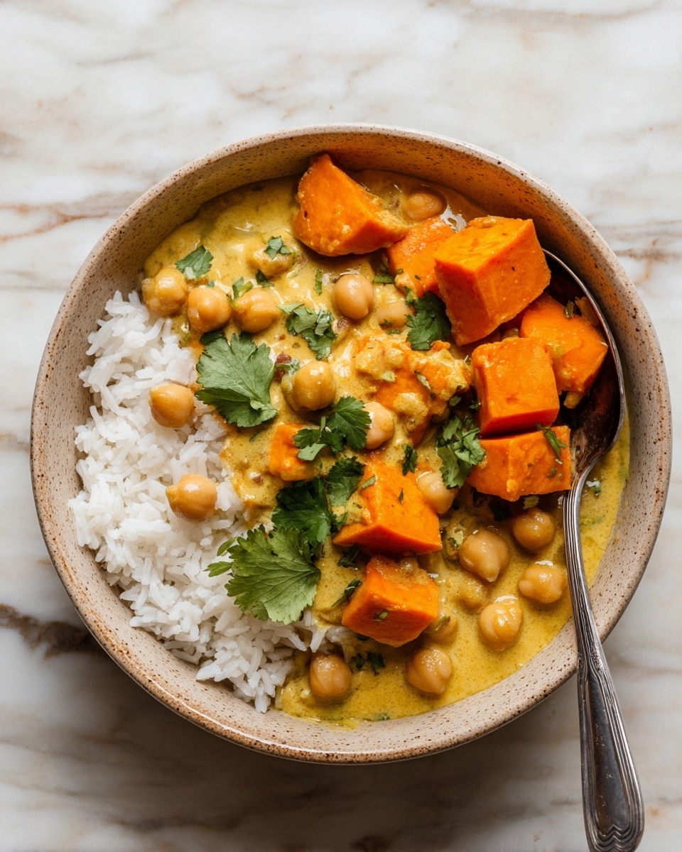 A bowl filled with three main layers: the bottom layer is soft white rice with a fluffy texture, covering half the bowl. Next to it, there are large cubes of bright orange sweet potato sitting on top of the rice and chickpeas. The top layer is rich, creamy yellow curry sauce mixed with whole light tan chickpeas and garnished with fresh green cilantro leaves scattered on top. A silver spoon rests inside the bowl on the right side. The bowl itself is a light brown speckled ceramic resting on a white marbled surface. photo taken with an iphone --ar 4:5 --v 7