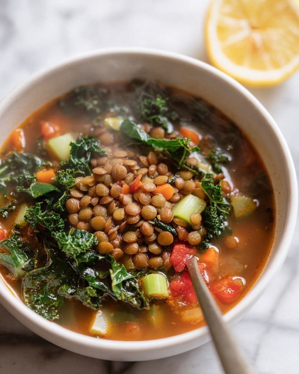 A white bowl filled with hot soup shows three main layers: the top layer has cooked brown lentils clumped in the middle; underneath are bright green, leafy kale pieces and light green celery chunks spread around; the base layer is a reddish-brown broth with small bits of orange carrot and red tomato visible. The bowl rests on a white marbled surface with half a lemon blurred in the background. Steam rises gently from the soup, adding a fresh, warm feel to the image. Photo taken with an iphone --ar 4:5 --v 7