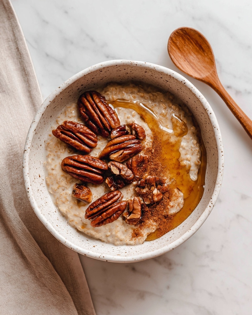 A white speckled bowl sits on a white marbled surface, filled with creamy oatmeal as the first layer, light beige with a soft texture. On top, a cluster of whole and broken pecans with rich brown color is arranged on the left side. To the right, a dusting of cinnamon adds a warm reddish-brown powdery layer, while a drizzle of thick, golden syrup crosses the oatmeal gently adding shine and depth. A wooden spoon with a smooth, rounded surface rests nearby. Photo taken with an iphone --ar 4:5 --v 7
