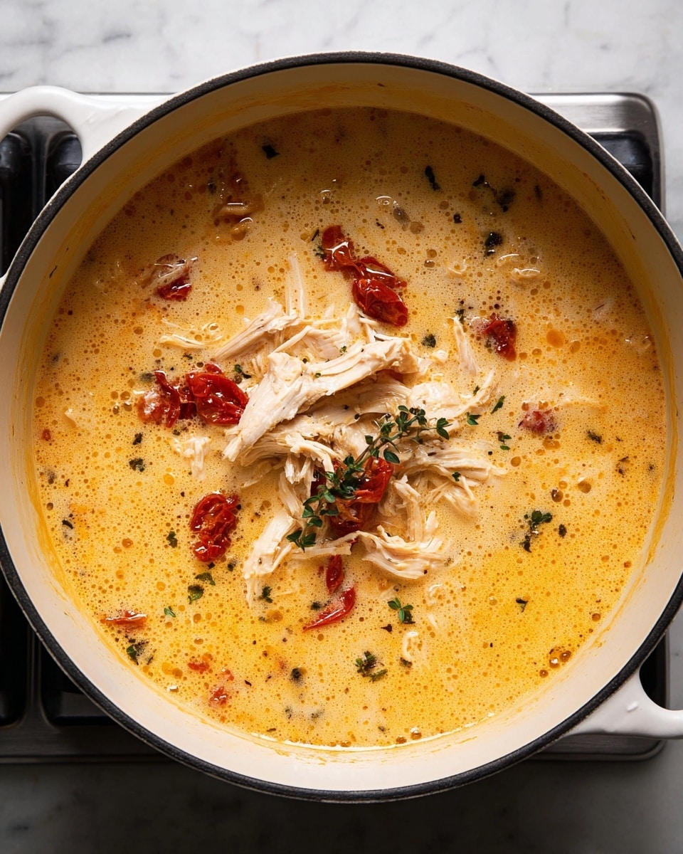 A white cast iron pot sits on a stove, filled with a creamy orange-yellow broth that has a smooth and slightly frothy texture. In the center, there are several pieces of shredded, pale beige chicken, arranged in a small pile. Scattered throughout the broth and on top of the chicken are small bright red dried tomatoes and tiny dark green herb leaves, adding contrast and visual interest to the dish. The broth has bubbles around the edges, showing it is hot and simmering. The background is a white marbled texture. photo taken with an iphone --ar 4:5 --v 7