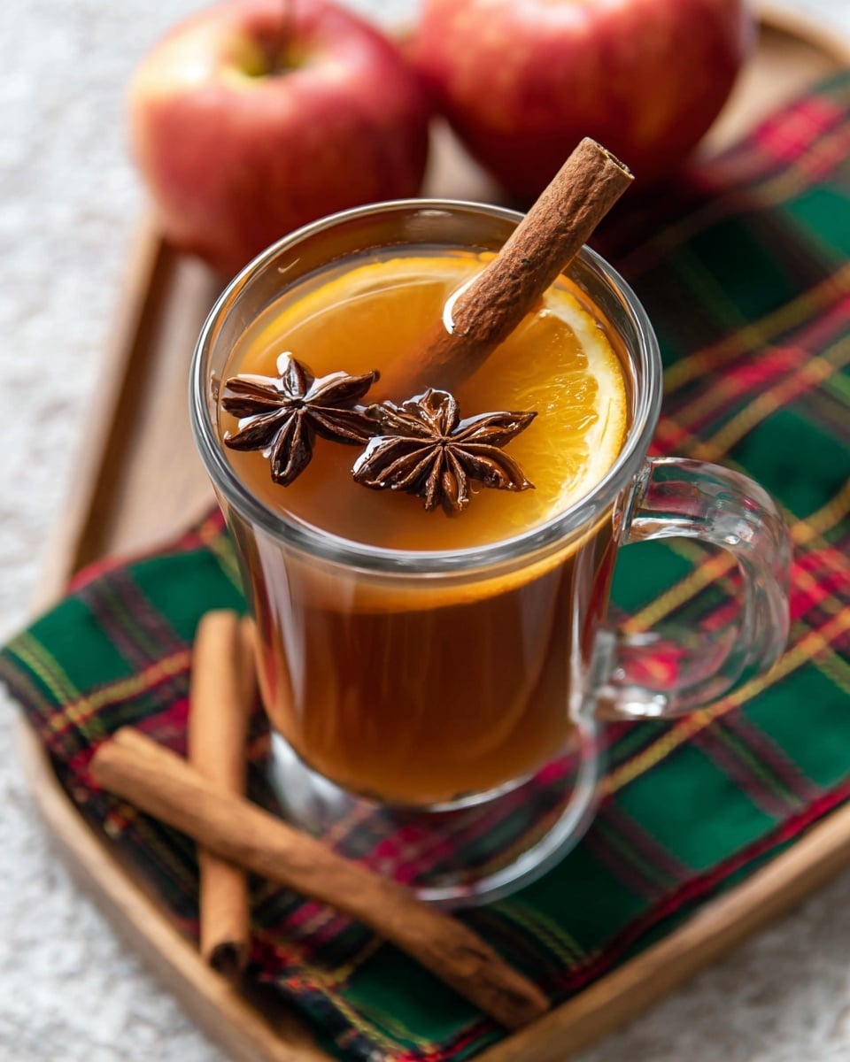 A clear glass mug filled with warm brown mulled drink, topped with two whole cinnamon sticks and two star anise floating on the surface, along with a bright orange slice partially submerged on one side. The mug is placed on a light wooden tray, with a green plaid cloth underneath showing red and yellow stripes. Two cinnamon sticks lie on the cloth near the mug, and two red apples sit blurred in the background on the tray. The surface under the tray is a white marbled texture. photo taken with an iphone --ar 4:5 --v 7
