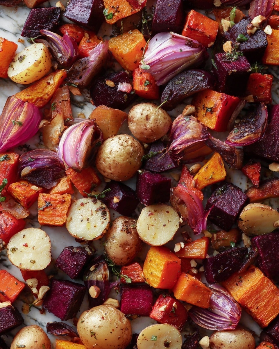 A white bowl is filled with a colorful mix of roasted vegetables in chunky, irregular pieces, including deep purple beets, bright orange sweet potatoes, pale yellow parsnips, and red-skinned radishes, all with a slightly charred texture. Thin slices of caramelized red onions are scattered throughout, adding translucent purple swirls, and small bits of green herbs are sprinkled on top for contrast. A large, matte gold spoon rests inside the bowl against the right side, and the bowl sits on a surface with a white marbled texture, next to a light beige cloth. photo taken with an iphone --ar 4:5 --v 7