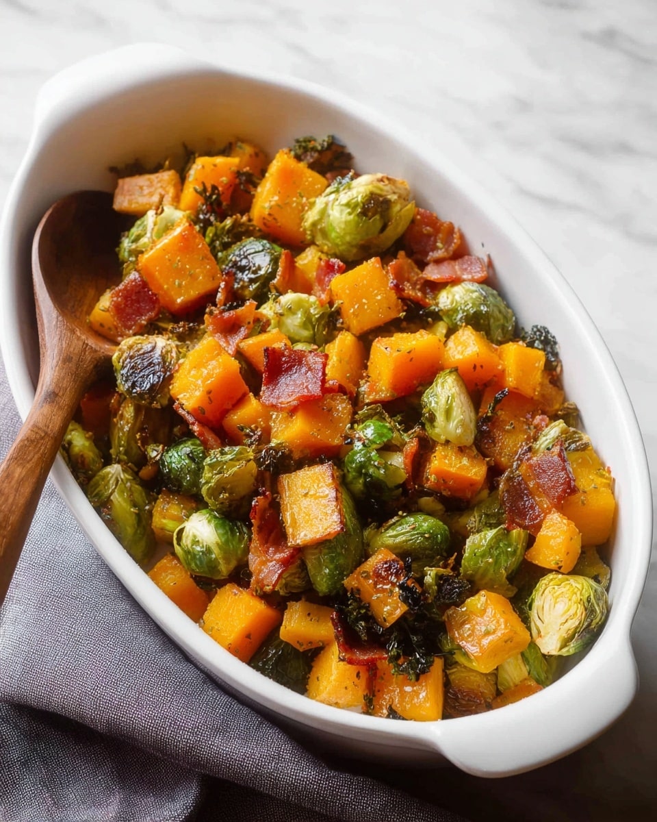 A white oval dish is filled with roasted vegetables, mainly bright orange cubes of butternut squash and halved Brussels sprouts in a mix of vibrant green and slightly charred dark green. Scattered pieces of crispy bacon add a reddish-brown and glossy texture throughout. The vegetables appear roasted with small blackened edges and a light coating of oil or seasoning visible. A wooden spoon rests inside the dish on the left side, and part of a gray cloth is placed beside the dish. The scene is set on a white marbled surface. Photo taken with an iphone --ar 4:5 --v 7