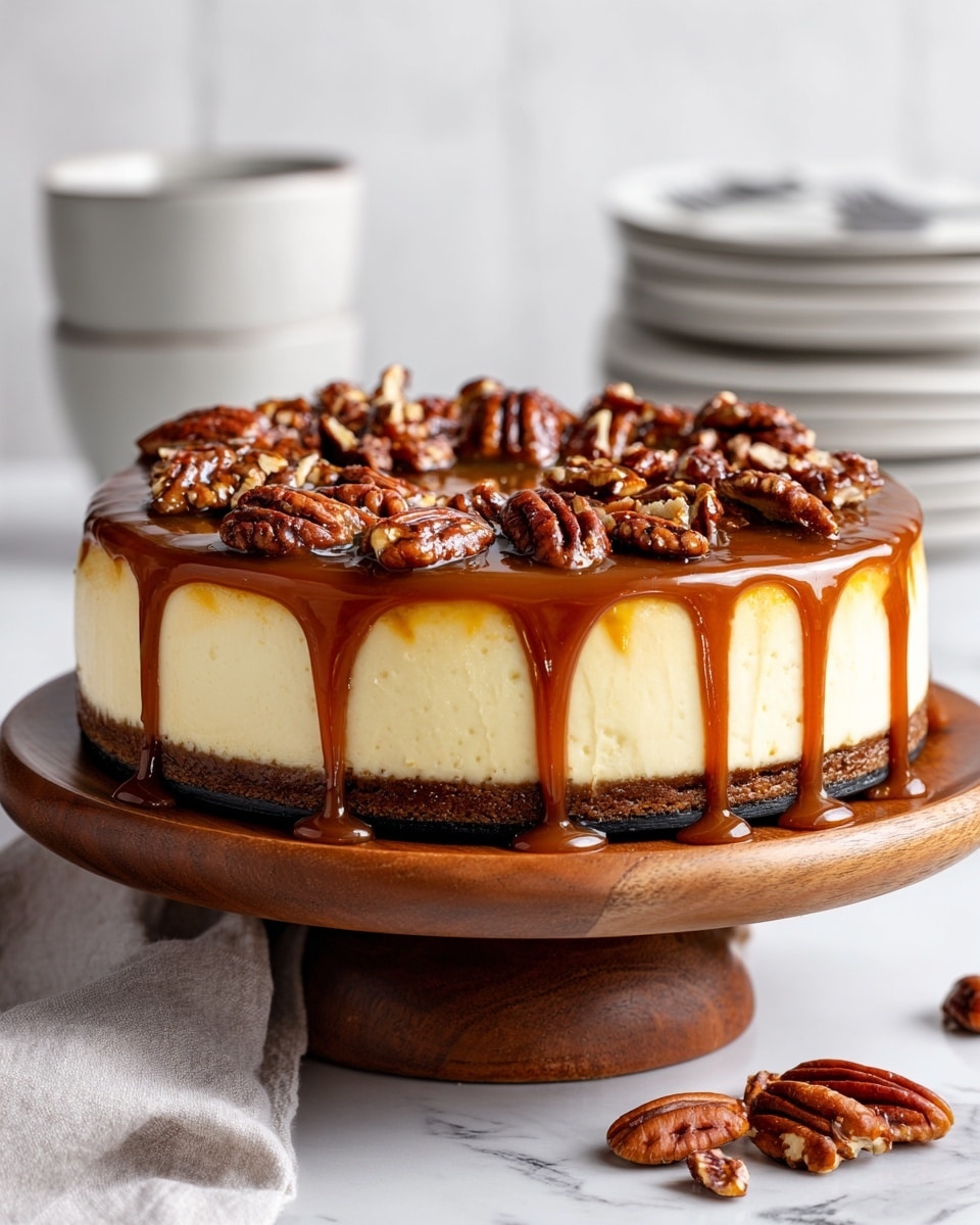 A round cheesecake with three visible layers sits on a wooden cake stand against a white marbled surface. The bottom crust layer is thin and dark brown, the middle layer is thick and creamy pale yellow, and the top layer consists of a glossy caramel sauce filled with whole and chopped pecans dripping slightly down the sides. The pecans are a rich brown, and the caramel is smooth with a shiny texture. In the background, there is a blurred stack of white plates and some small bowls. photo taken with an iphone --ar 4:5 --v 7