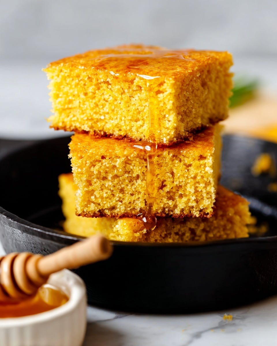 Three bright yellow pieces of cornbread with a crumbly texture are stacked inside a black cast iron skillet; the top piece is glazed with dripping honey, adding a shiny golden layer. The skillet holds the remaining cornbread base beneath these three layers. In the lower left corner, part of a white bowl with honey and a wooden honey dipper is visible, sitting on a white marbled surface. Photo taken with an iphone --ar 4:5 --v 7