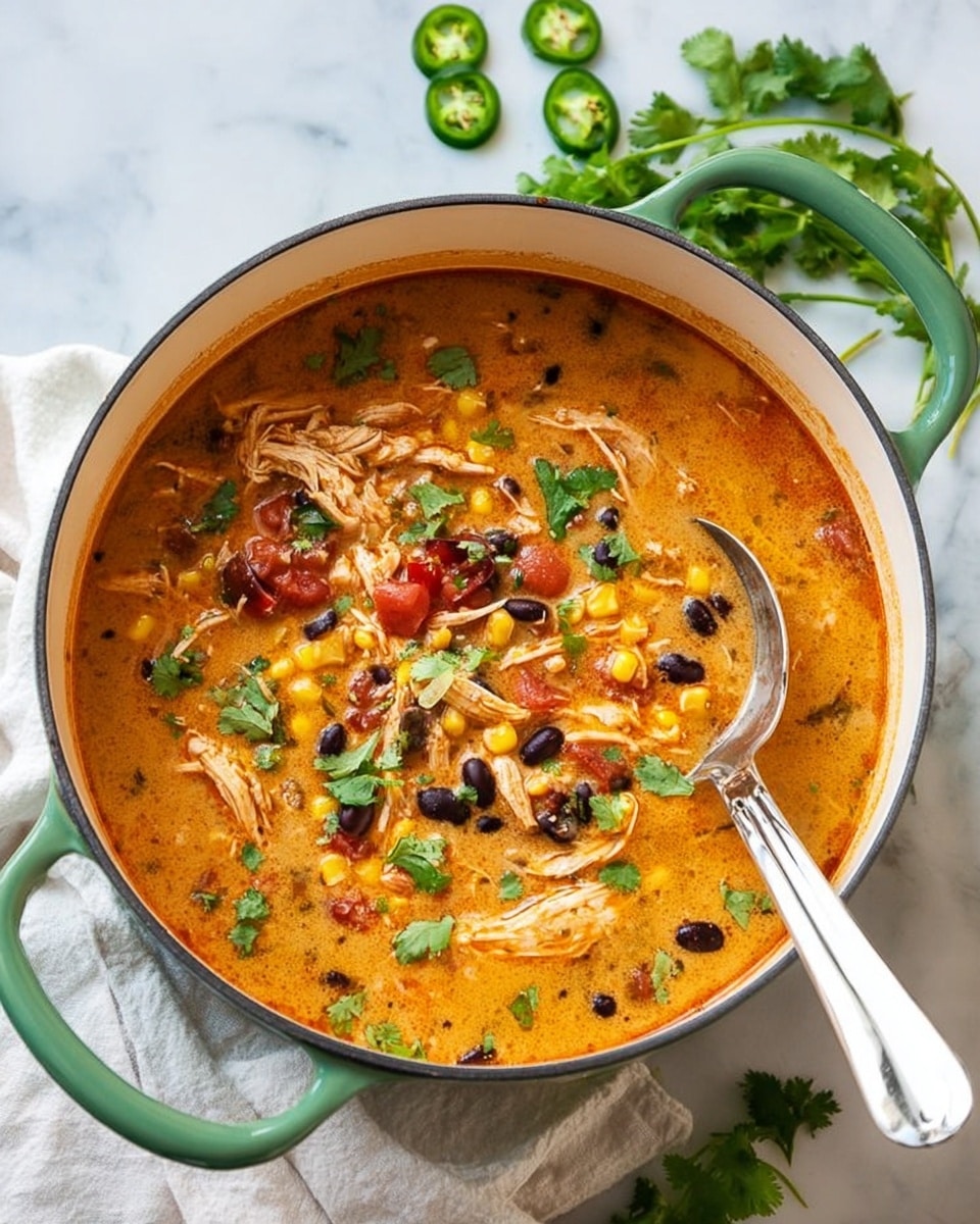 A large white pot with green handles is filled with rich, orange creamy soup. The soup has several visible layers: shredded light brown chicken, black beans, bright yellow corn, and red tomato pieces floating together, all garnished with small green cilantro leaves scattered on top. A shiny silver ladle rests inside the pot on the right side. The pot sits on a white marbled surface with a white cloth beneath and fresh green cilantro and sliced green jalapeños nearby. Photo taken with an iphone --ar 4:5 --v 7
