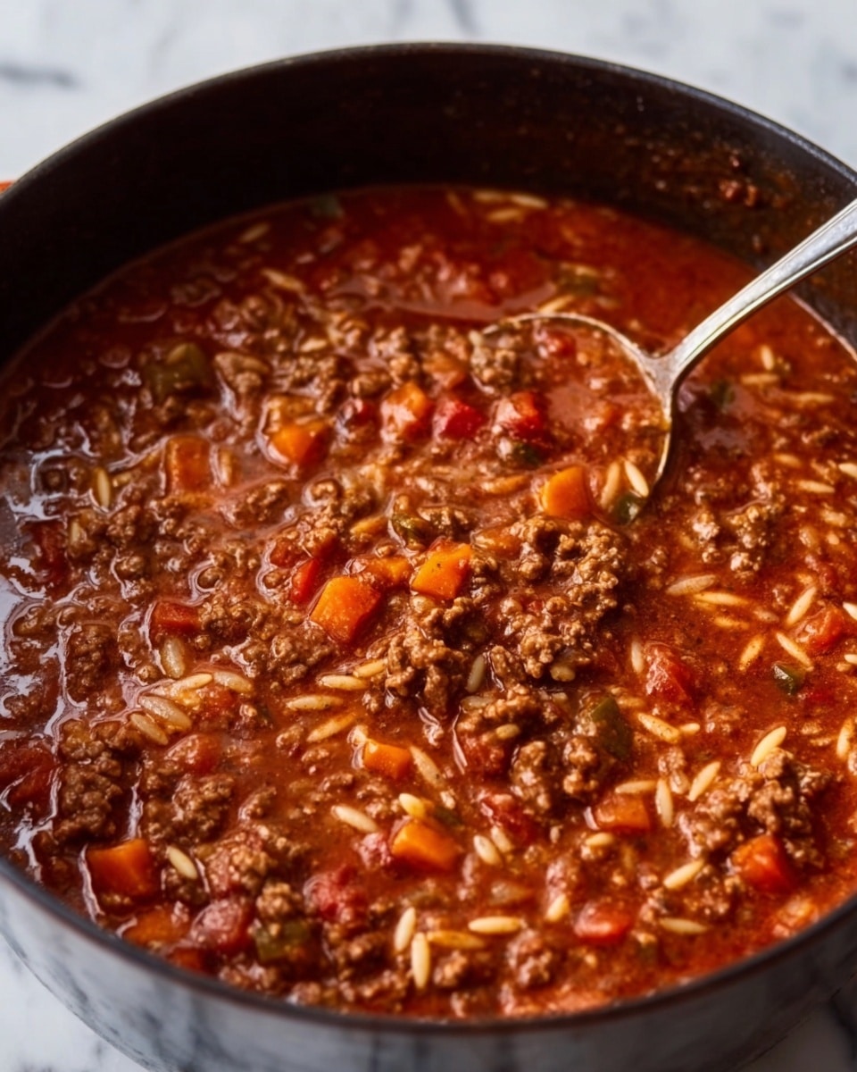The image shows a close-up of a dark pot filled with a thick, rich stew-like mixture. The dish has a deep reddish-brown color and contains visible small pieces of ground meat, soft orange chunks of carrot, and light beige pasta shaped like short rice grains spread evenly throughout. The texture looks hearty and slightly chunky with bits of vegetables and meat suspended in a thick sauce. A silver spoon is partly dipped into the stew at the bottom center of the pot. The background features a white marbled texture. photo taken with an iphone --ar 4:5 --v 7
