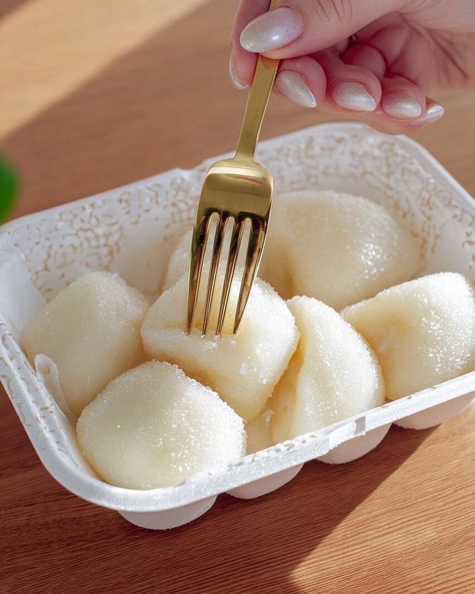 The image shows a close-up of six white, smooth, pillow-shaped dumplings covered lightly with a grainy powder, placed inside a white foam container lined with patterned paper. A gold fork is gently pressing into the soft texture of one dumpling, held by a woman's hand with clear, shiny nails. The dumplings have a soft, slightly shiny surface with a subtle indentation where the fork touches, and the container sits on a wooden surface that contrasts with the bright white dumplings and container. photo taken with an iphone --ar 4:5 --v 7