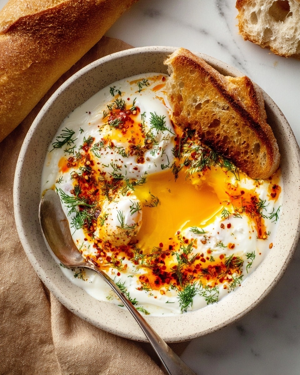 A white speckled bowl holds a dish with two poached eggs covered in a thick white yogurt sauce. Bright orange-red chili oil and small green herb pieces, likely dill, are drizzled and sprinkled on top, adding color contrast. One egg yolk is broken, flowing bright yellow yolk onto the yogurt. Two toasted bread slices with golden-brown edges lean on the right side of the bowl. A silver spoon is partly inserted on the left side where the yolk is visible. The bowl is placed on a white marbled surface with a beige cloth nearby, and a crusty baguette piece lies above the bowl. Photo taken with an iphone --ar 4:5 --v 7