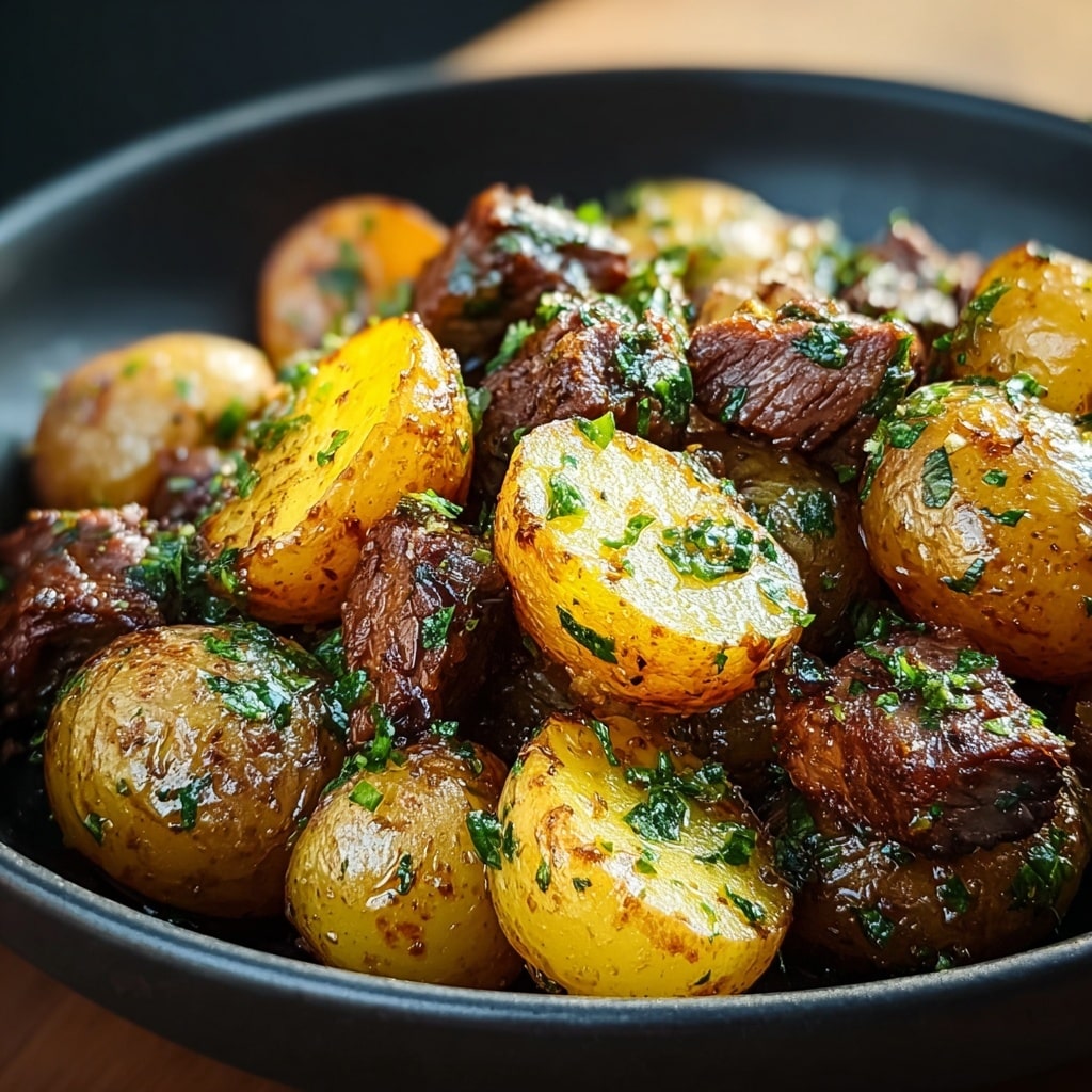 A close-up view of a dish in a white bowl filled with roasted baby potatoes and chunks of browned meat. The potatoes are cut in half, showing their soft yellow interior with a slightly crispy and textured skin that has a golden brown color. The meat pieces are dark brown, juicy, and look tender, coated in a shiny glaze with small bits of green herbs sprinkled all over. The dish looks moist with a mix of shiny and crunchy textures, sitting against a soft white marbled background. photo taken with an iphone --ar 4:5 --v 7