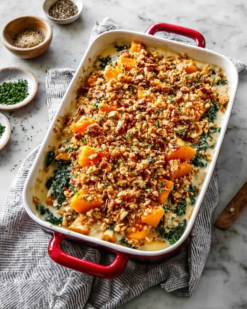 Cheesy Butternut Squash Casserole with Kale, Walnut-Crust Topping Recipe