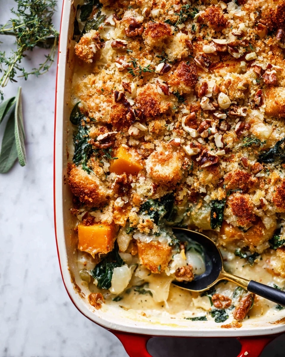 A white rectangular baking dish with red handles holds a baked casserole with three visible layers: the bottom layer is creamy white sauce mixed with dark green leafy vegetables, the middle layer has chopped vibrant orange squash chunks, and the top layer is a golden brown crispy breadcrumb and nut topping with crunchy texture. The dish is placed on a white marbled surface with a gray and white striped cloth beside it, and there are small bowls with herbs and pepper nearby. photo taken with an iphone --ar 4:5 --v 7