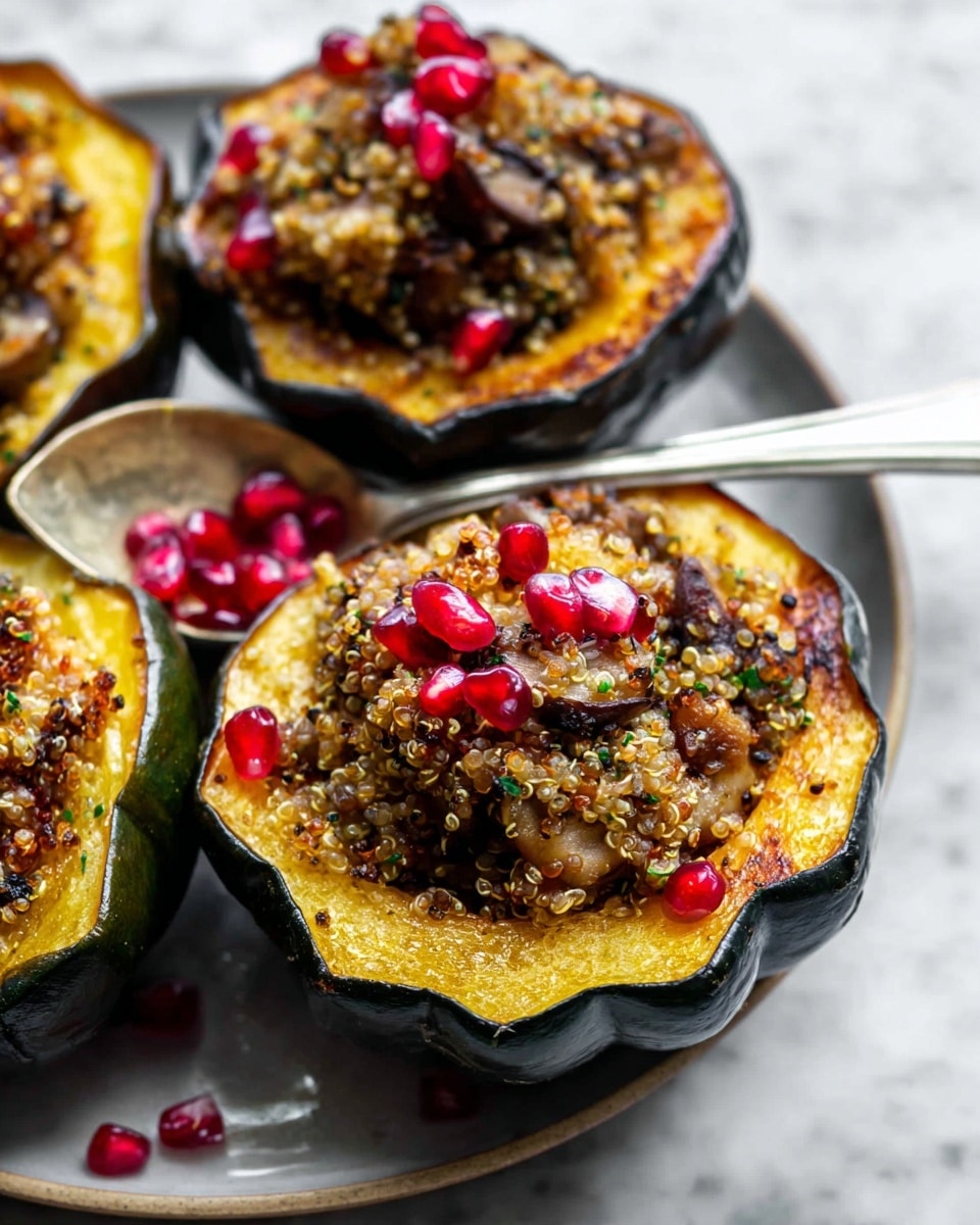 A close-up view of halved roasted acorn squash, each piece filled with a textured quinoa and mushroom stuffing that looks soft and lightly golden on the edges, with tiny red pomegranate seeds scattered on top for contrast. The acorn squash has a dark green outer skin and a bright yellow-orange inner flesh that is slightly browned from roasting. The filling has visible bits of mushrooms mixed in, creating a layered texture. One squash half holds a silver spoon tucked into the filling, showing the coarse and slightly moist texture of the quinoa mixture. The squash halves sit together on a round, white plate with a subtle shine, placed on a white marbled surface. photo taken with an iphone --ar 4:5 --v 7