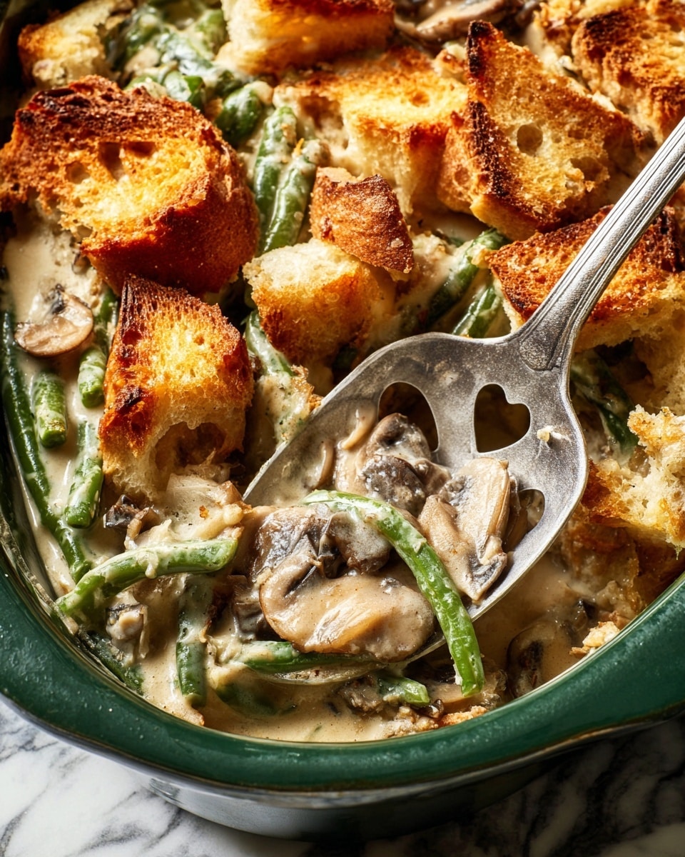 This image shows a close-up of a creamy casserole in a dark green dish, filled with green beans and sliced mushrooms covered in a pale beige sauce. On top, there are large pieces of golden-brown toasted bread with a crispy texture and uneven shapes, some with darker browned edges. A vintage silver serving spoon with heart-shaped holes is partially buried in the casserole, lifting a portion of creamy green beans and mushrooms. The dish rests on a white marbled surface, adding a soft contrast to the warm colors of the food. photo taken with an iphone --ar 4:5 --v 7