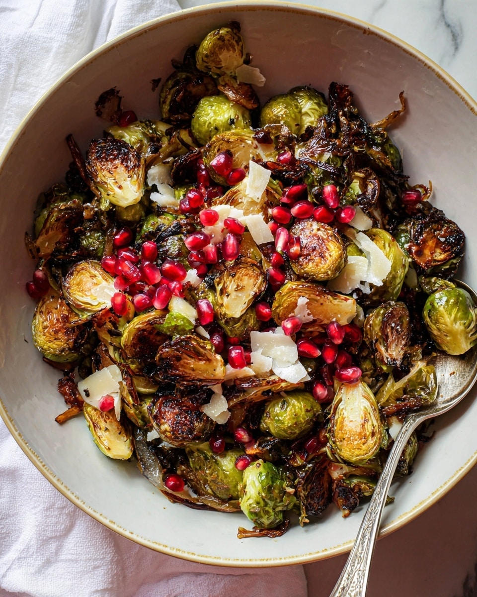 The dish shows a deep white bowl filled with roasted Brussels sprouts that are charred brown and green, mixed with caramelized light brown onion wedges. Scattered thick white cheese shavings and bright red pomegranate seeds add pops of color on top. A shiny silver spoon is resting on the right side inside the bowl, partially covered with food. The bowl sits on a white marbled surface with a white cloth nearby. Photo taken with an iphone --ar 4:5 --v 7