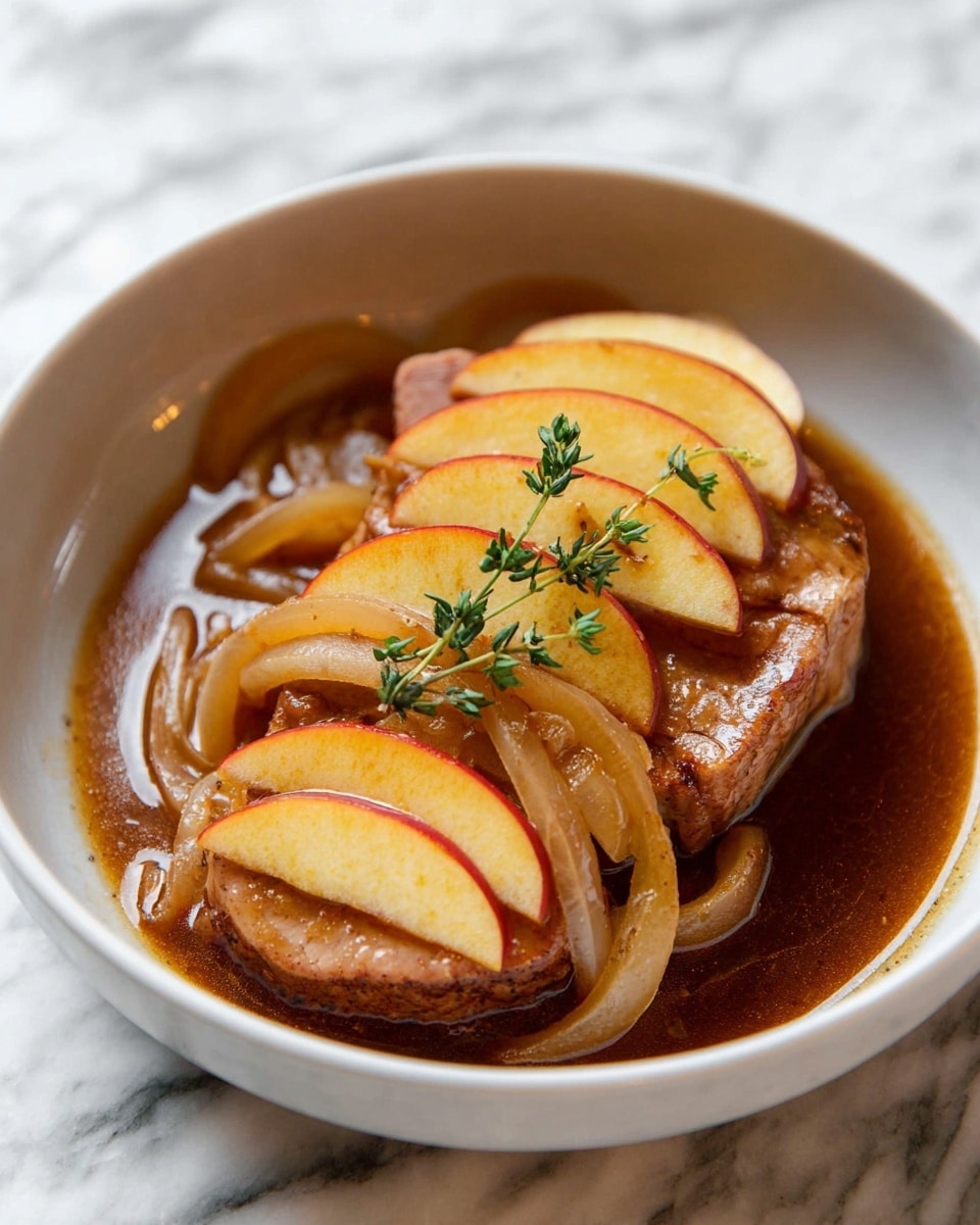 The dish shows two thick, browned pork slices at the bottom, covered by a layer of soft, translucent cooked onion rings that are light brown. On top, there are several thin apple slices with yellow and red skin, arranged in an overlapping pattern. A small green thyme sprig rests on the apple slices. The food sits in a shallow pool of dark brown sauce inside a white bowl, all placed on a white marbled surface. Photo taken with an iphone --ar 4:5 --v 7