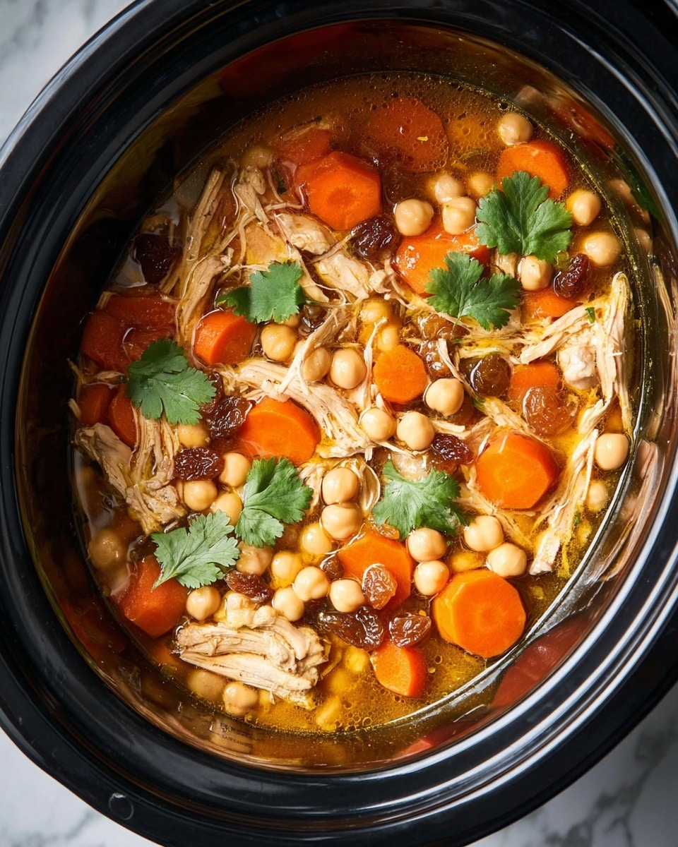 The image shows a close-up of a stew in a black slow cooker, filled with several layers of ingredients. The bottom layer is a golden broth, topped with light beige chickpeas scattered all over. On top of this are shredded pieces of cooked chicken, pale brown in color, mixed with bright orange carrot slices cut into thick rounds. There are also dark brown raisins spread through the stew, adding contrast. Fresh green cilantro leaves sit on top as a final touch. The entire pot is shiny and reflective, with a silver ladle dipping into the stew on the right side. The pot is placed on a white marbled surface. photo taken with an iphone --ar 4:5 --v 7
