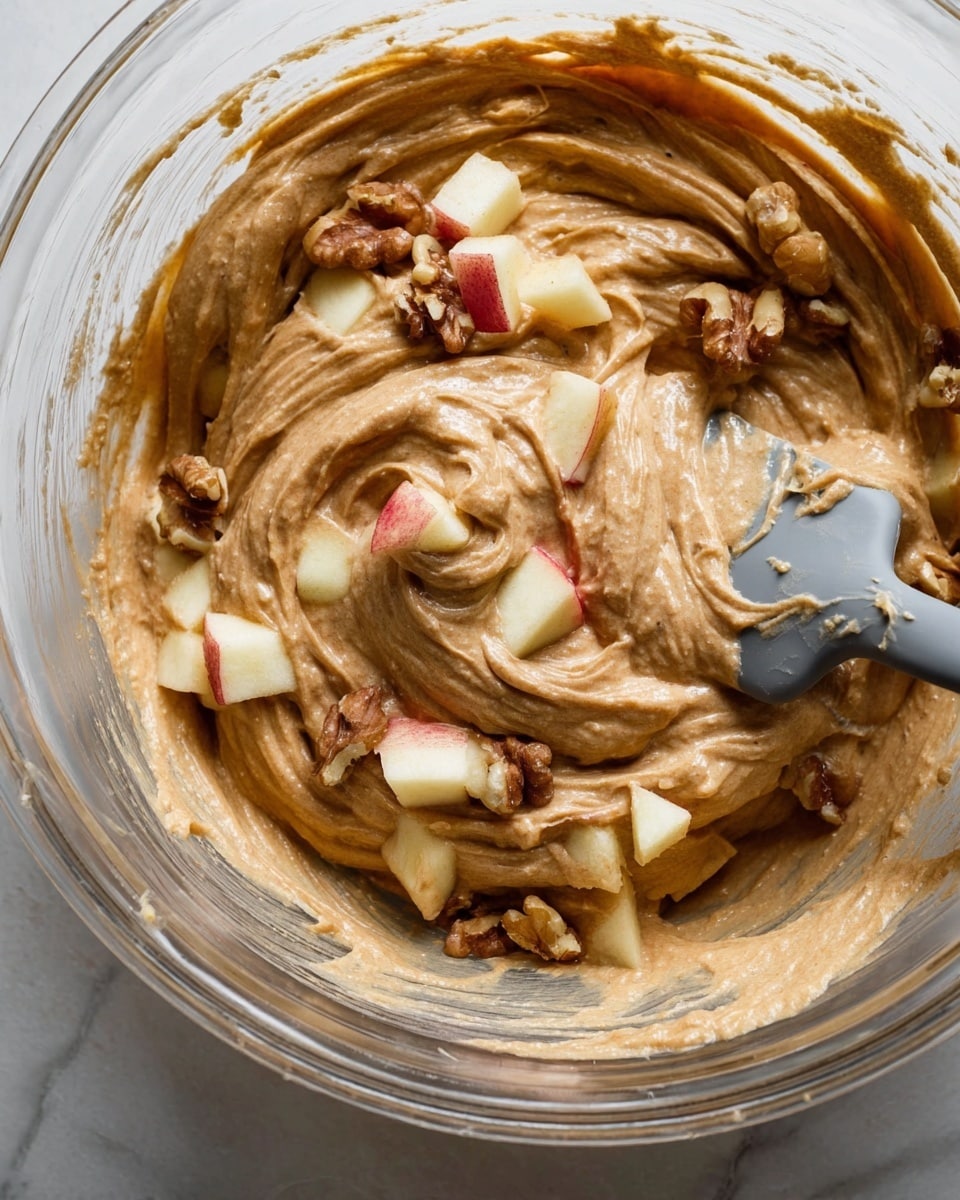 A close-up of a clear glass bowl filled with thick, creamy light brown batter, swirled smoothly with visible texture. Mixed into the batter are chunks of red-skinned apple pieces with white flesh and scattered walnut halves, adding contrast with their light beige and brown colors. A grey spatula rests on the right side, partially covered with batter. The bowl is placed on a surface with a white marbled texture. photo taken with an iphone --ar 4:5 --v 7